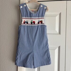Orient Express Blue Gingham Kids Romper Jon Jon with Tractor Truck Smocking